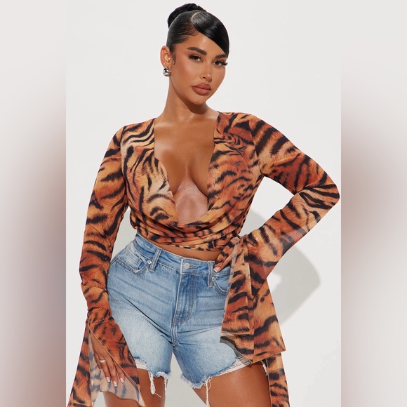 Fashion Nova Tops - Sale‼️ Fashion Nova Tiger-Print Wrap Crop Top - Brown & Black